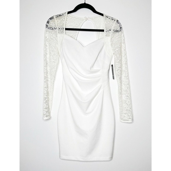 NWT Guess Sweetheart Lace-Sleeve Bodycon Mini Dress Ruched Women's White Size 6 - Picture 1 of 4